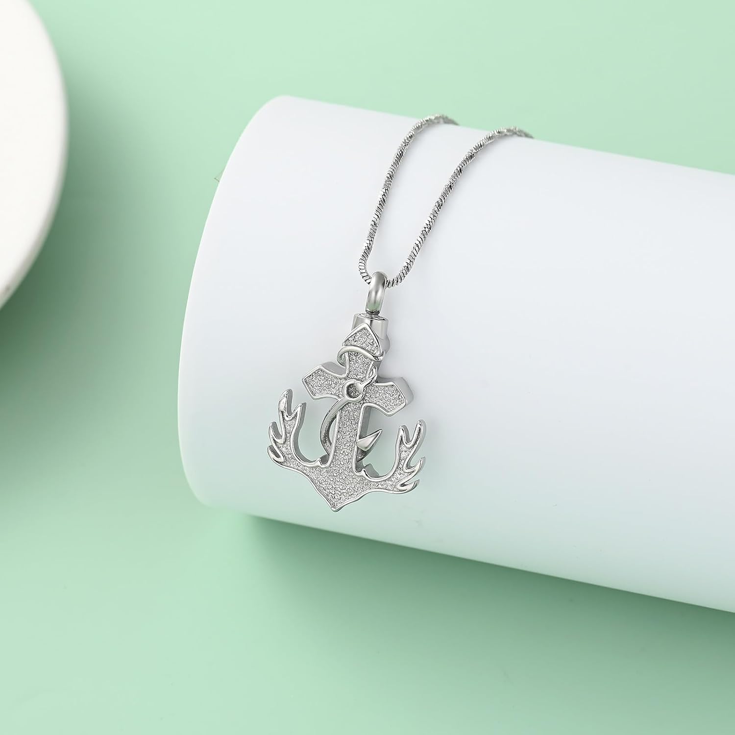 Yinplsmemory Anchor Cremation Jewelry Fish Hook Cross Urn Necklace for Women Men Stianless Steel Deer Antler Ashes Keepsake Necklace of Loved One - Image 3