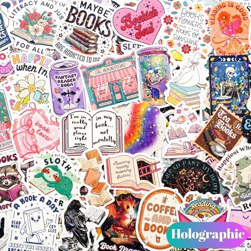 300 PCS Book Stickers for Kindle, Bookish Sticker Pack Reading Glitter Waterproof Vinyl Decals for Laptop, Ebook Readers, Water Bottles, Phone, Journal, Scrapbook, No Repeats (Holographic) - 3