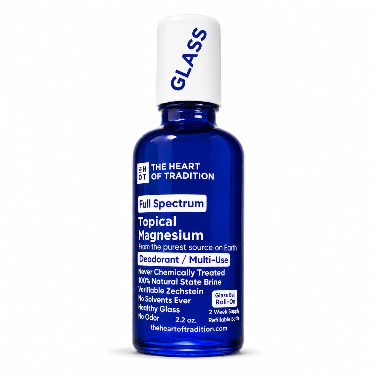 Full Spectrum Transdermal Magnesium Oil Roll On DEODORANT (Topical) with Glass Ball Roll-On, 1.7oz Zechstein Magnesium Oil - Refillable