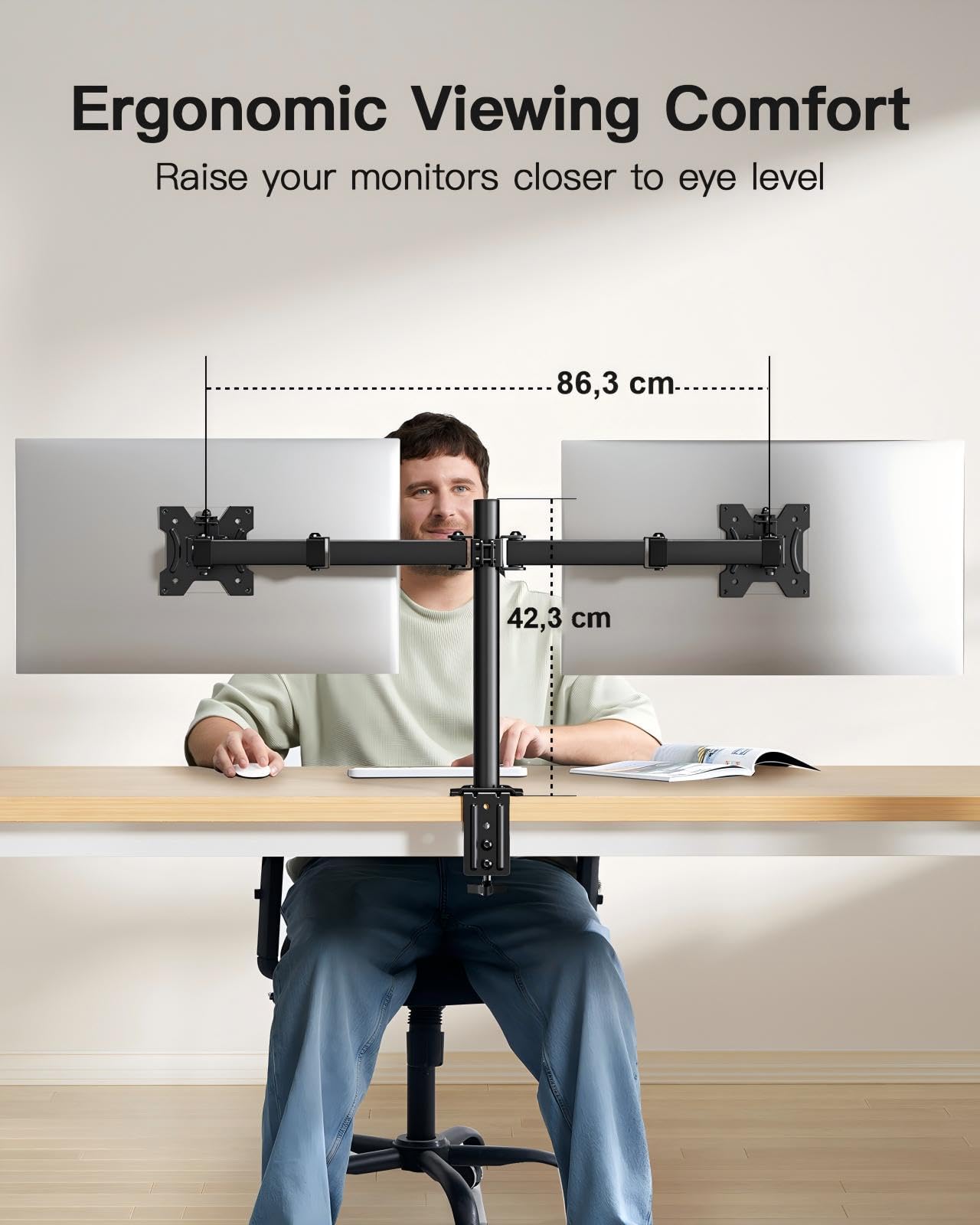 HUANUO Supporto per doppio monitor per due schermi da 13 a 30 pollici, supporto per scrivania con braccio per monitor regolabile fino a 10 kg, VESA 75x75 100x100
