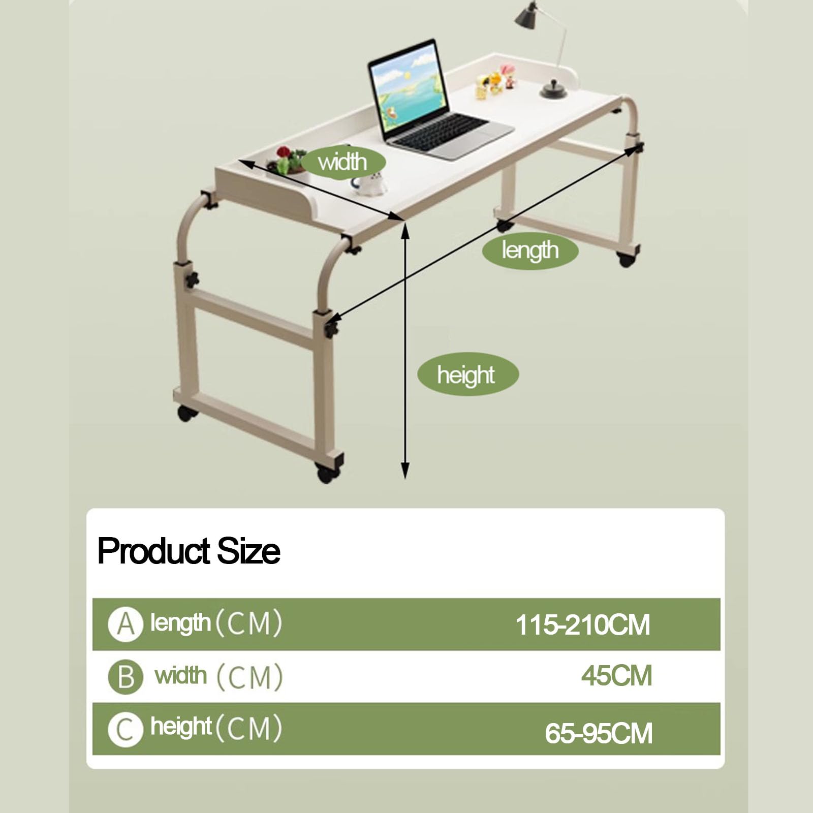 Tavolino Servitore Regolabile，Tavolino Mobile da Tavolo da Computer A Croce Tavolino da Letto E Divano Ruote con Lunghezza 115-210cm E Altezza 65-95cm Regolabili(Color:White)