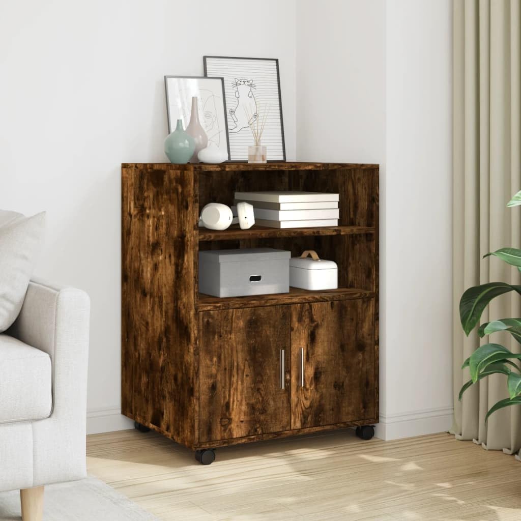Brokky Armadietto con Ruote Rovere Fumo 60x48x81 cm in Truciolato-Carrello Porta Stampante,Mobiletto con Ruote,Supporto per Stampante in Legno,Classificatore per Documenti per Studio,Ufficio