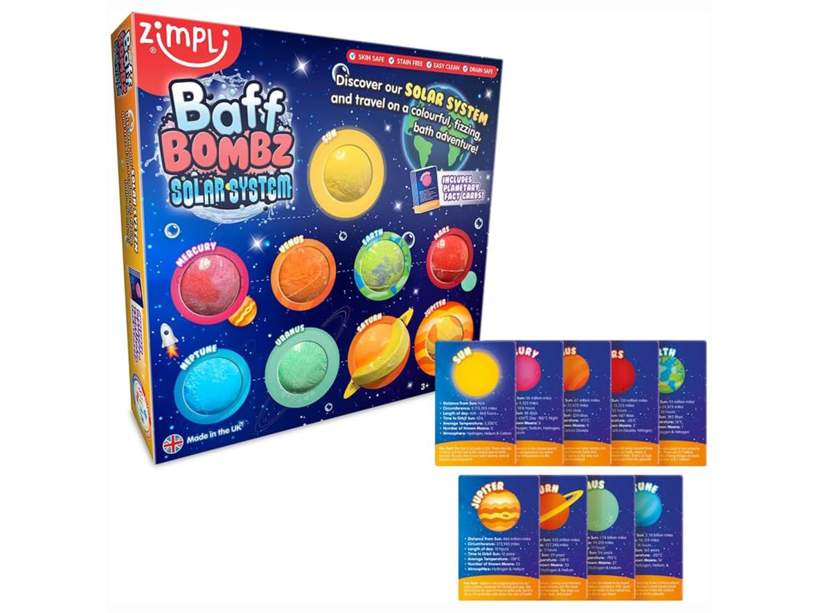 ZIMPLI - 9 x Solar System Baff Bombz, 9 x Planetary Fact Cards, Educational Planet Bath Bombs for Kids, Learning Science Kit, Xmas Gift for Boys & Girls