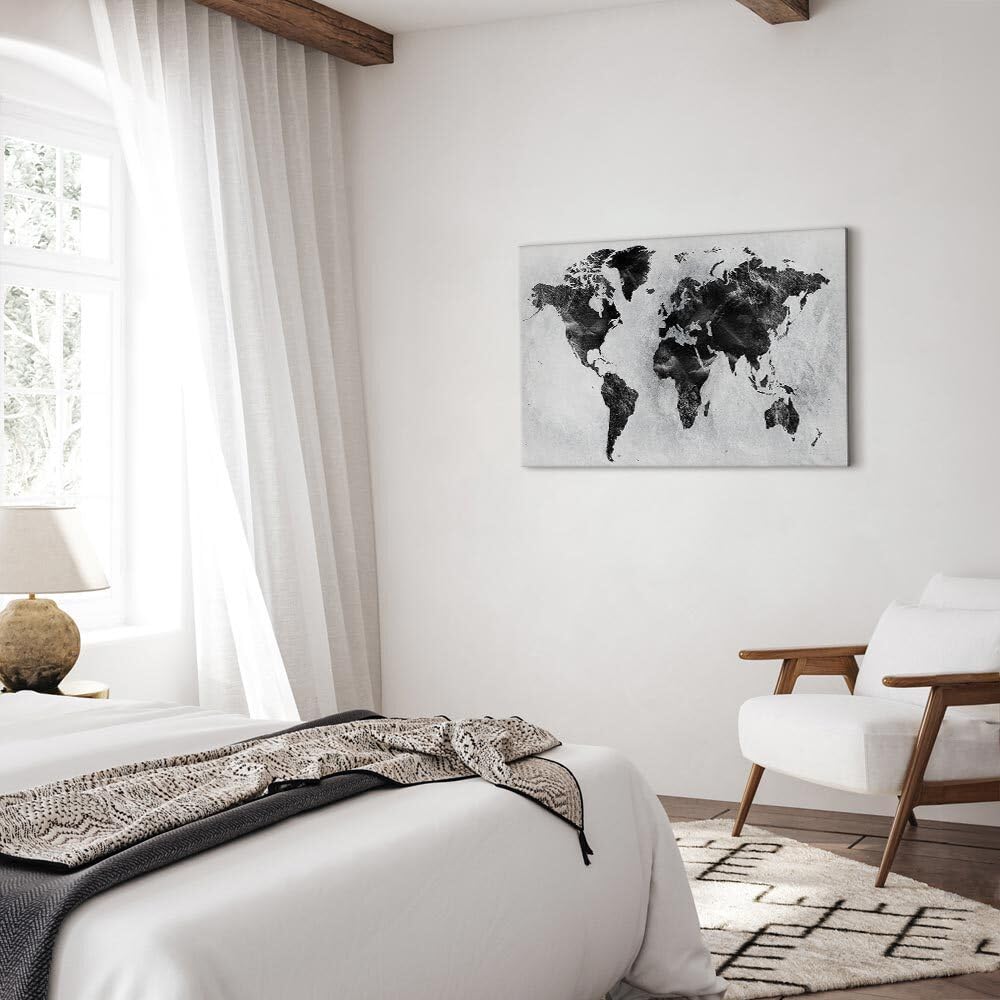 Tableau Carte Du Monde Sur Toile 90x60 Cm - Décoration Murale Béton Texture Grise, Cadre En Bois 15 Mm, Prêt à Accrocher