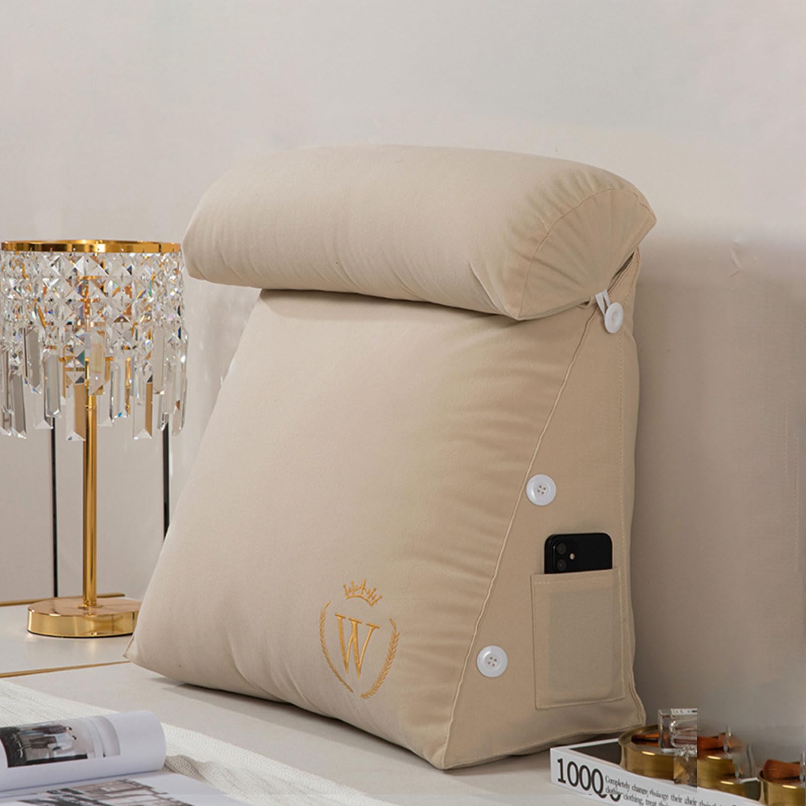 Reading cushions, And Detachable Neck Roll With Shredded Memory Foam,Great As Backrest For Books Or Gaming,Back Support Rests For Sitting Up In Bed Relaxing Ergonomic(Champagne,45 x 45 x 22 cm)