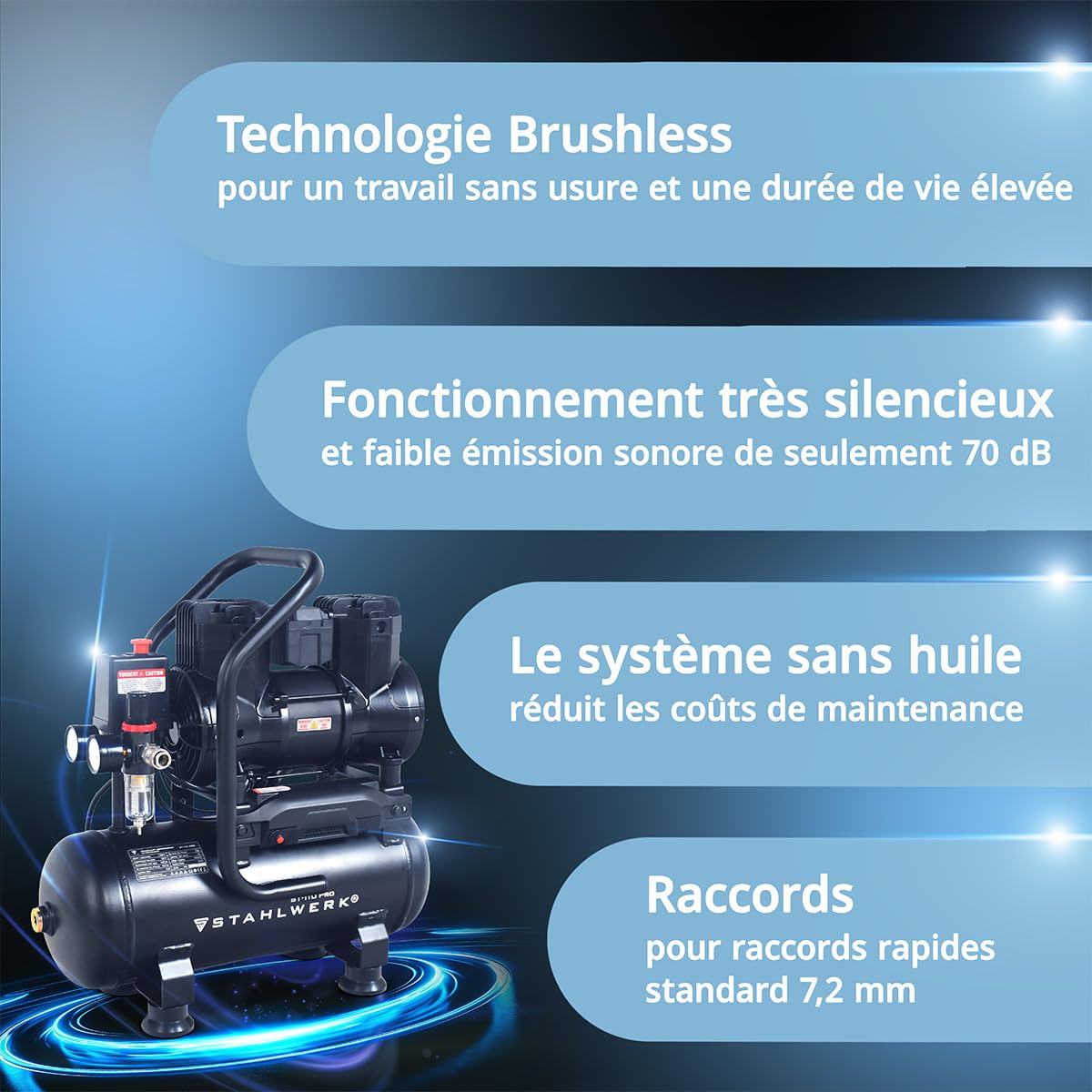 STAHLWERK Compresseur d’air 10 L (ST-110 Pro) – sans huile & silencieux