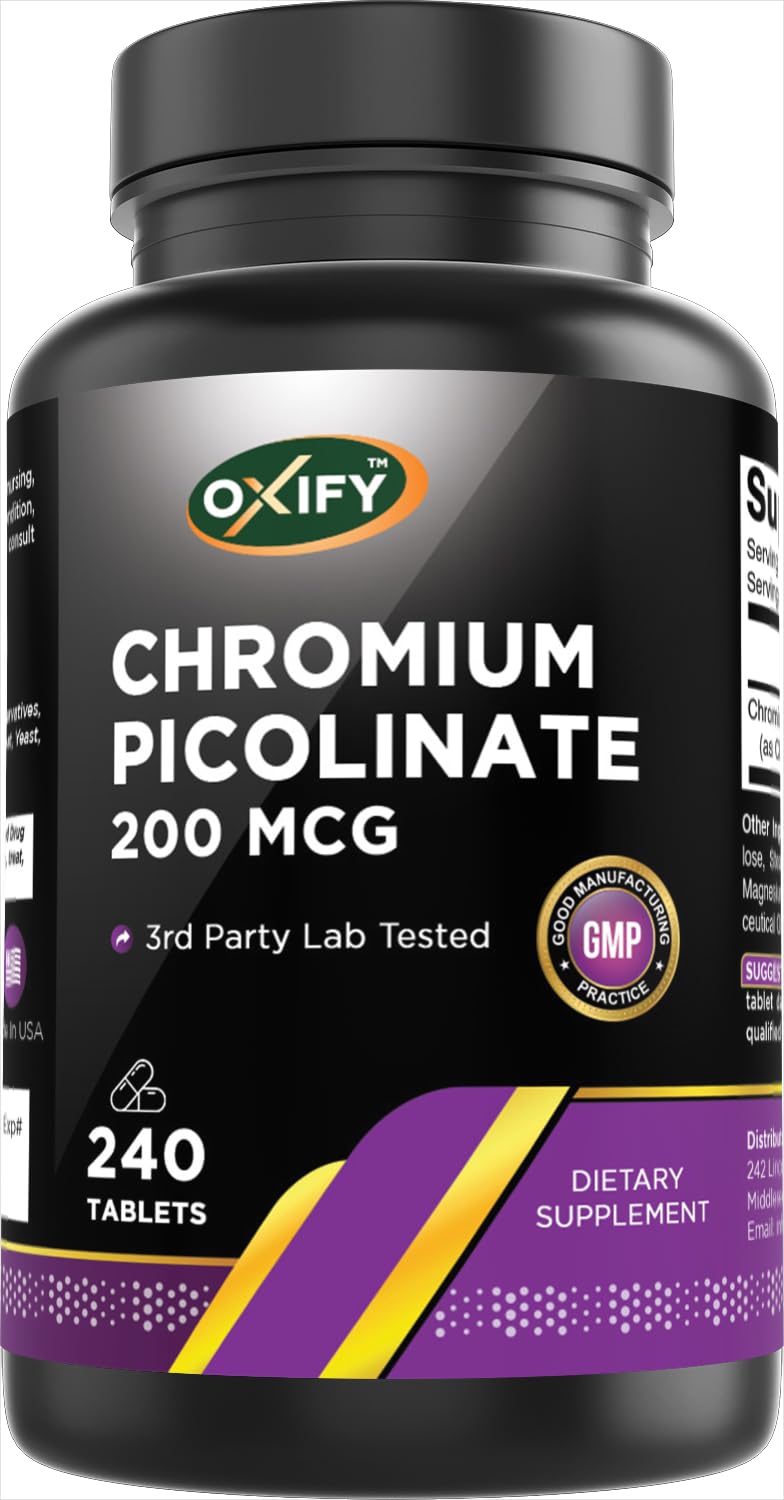 Oxify Chromium Picolinate 200 mcg | 240 Tablets | Gluten-Free, Non-GMO | Supplement Made in USA