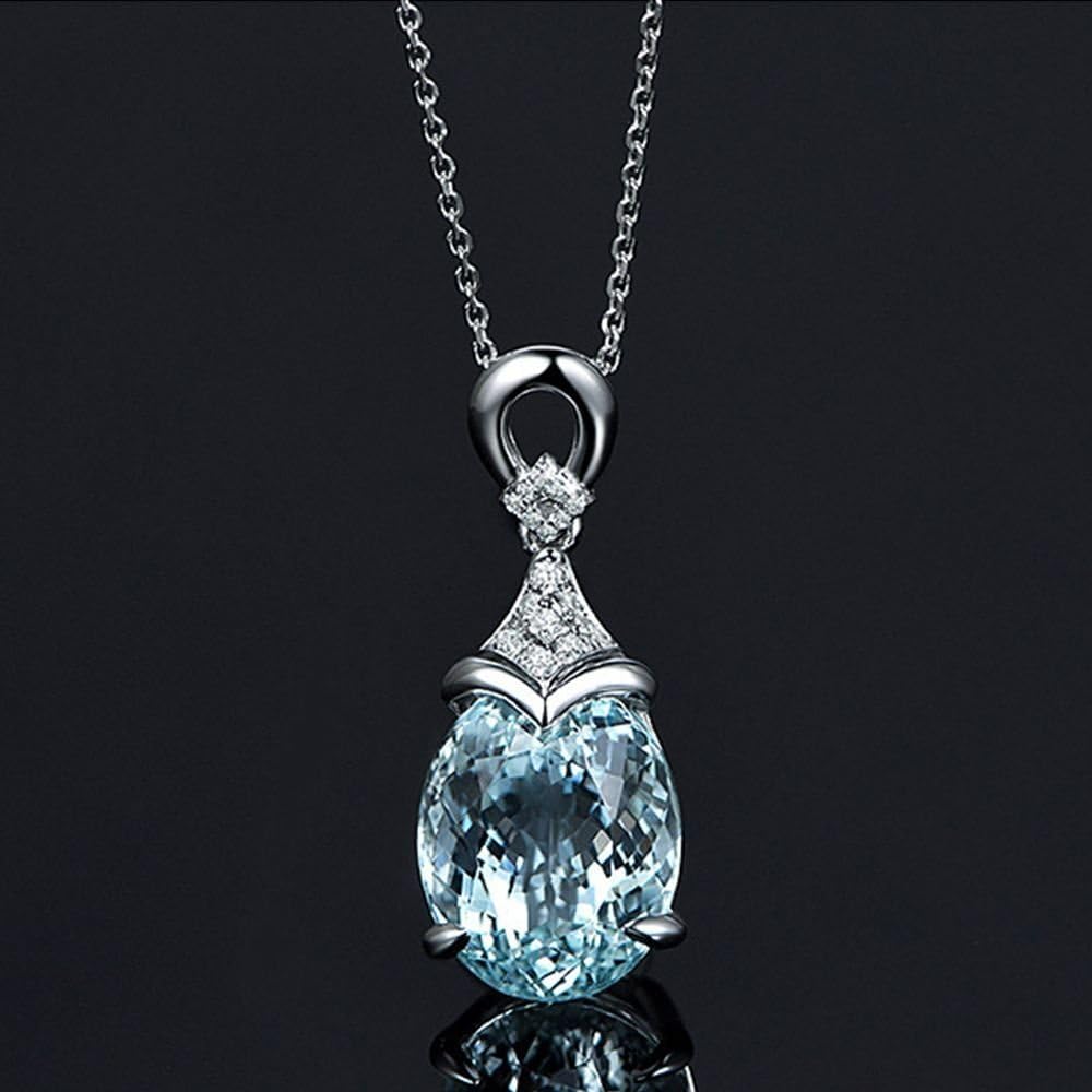 SujareeShop Vintage Gemstone Silver Natural Chain Aquamarine Jewelry Pendant Necklace