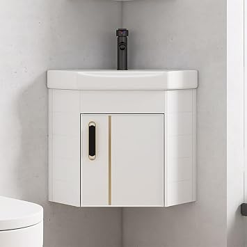 Small Corner Wall Mount Bathroom Sink with Tower Hanger White Ceramic Mini Vessel Sink with Overflow Bathroom Vanity Cabinet Wall Mounted Bathroom Sink with Storage Container(15in/38cm)