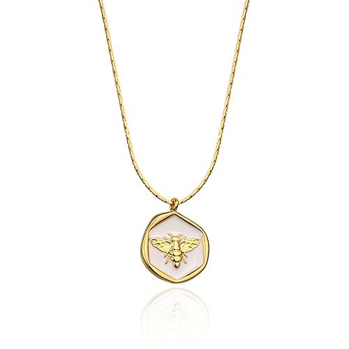 Lauren-Spencer Mother of Pearl Necklace for Women Gold Plated Butterfly Round Square Pendant Necklace White Shell Dainty Gold Necklace for Women Jewelry Gift - Bee Necklace