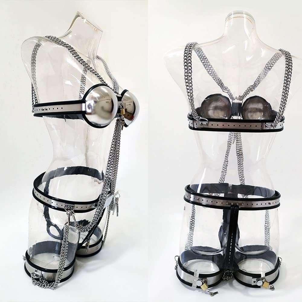 3 Pezzi Cintura di Castità da Donna Set BDSM con Reggiseno Anello per Coscia e Cintura di Castità, Biancheria Intima di Contenimento in Acciaio Inossidabile Fetish Lingerie Erotica Giocattolo
