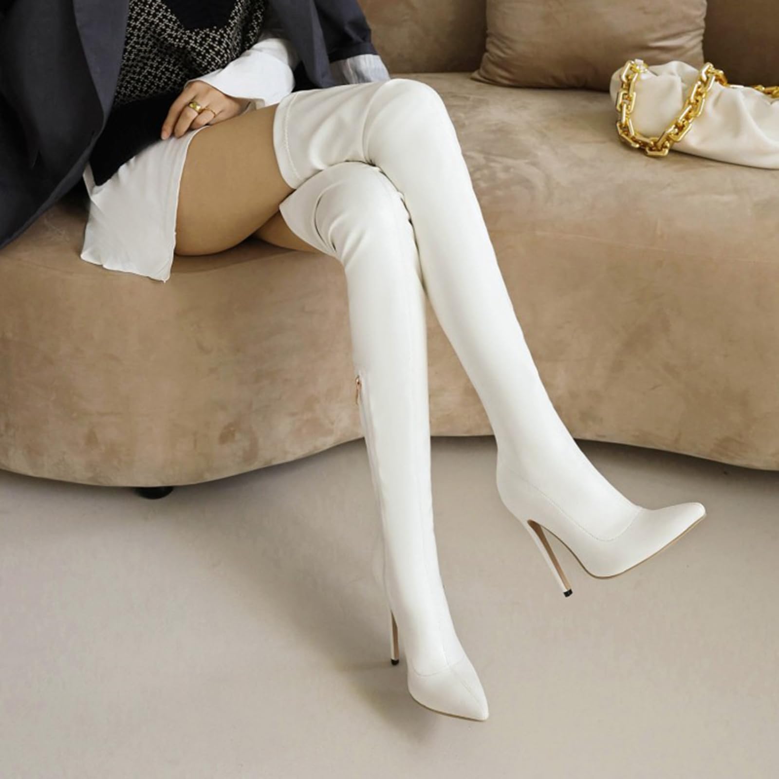 12.5CM/ 4.92IN Punta Punta de Aguja de Gran tamaño tacón Alto sobre la Rodilla Botas Botas Sexy Club Nocturno para Las Mujeres,Blanco,38 EU