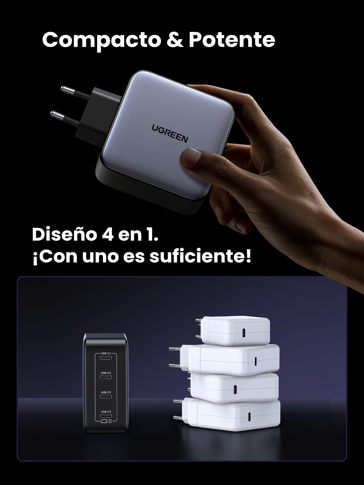 UGREEN Nexode 100W Cargador USB C Adaptador de Corriente Múltiple GAN | 4 Puertos PD 3.0 PPS 45W Compatible con MacBook Pro iPad iPhone 17 Pro MAX Air 16 15 Galaxy S26 Pixel 10