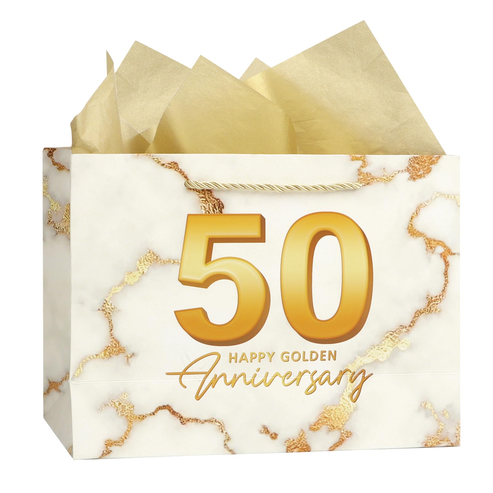 50th Wedding Anniversary Party Gift Bag with Tissue Paper Medium White Gold Marble Golden Wedding Gift Wrapping Bag