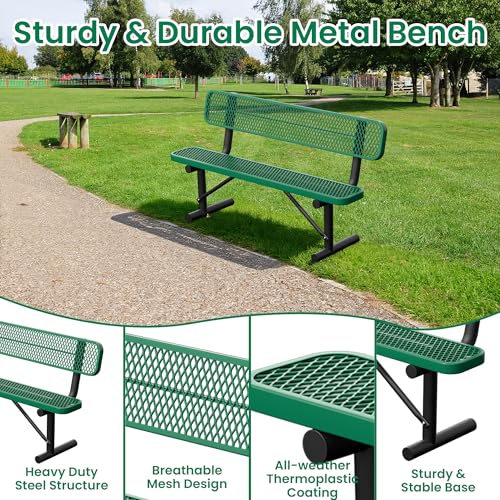 Image of Heavy Duty Park Bench with Back Portable Frame, Outdoor Steel Bench with Backrest, Outdoor Park Bench Expanded Metal Mesh Bench for Lawn, Park, Deck, Garden, Patio, Porch, Black (Green, 6FT)