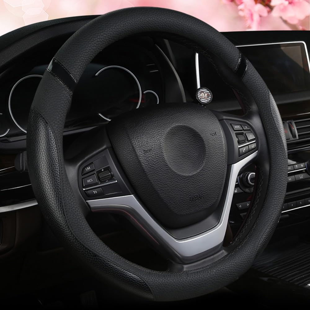 VAPORVERSE Steering Wheel Cover for Chrysler 300C LX Saloon/Sedan Estate 2004-2012, Microfiber Faux Leather Anti-Slip Breathable Durable Comfortable Ergonomic Stylish 38cm,Black-O