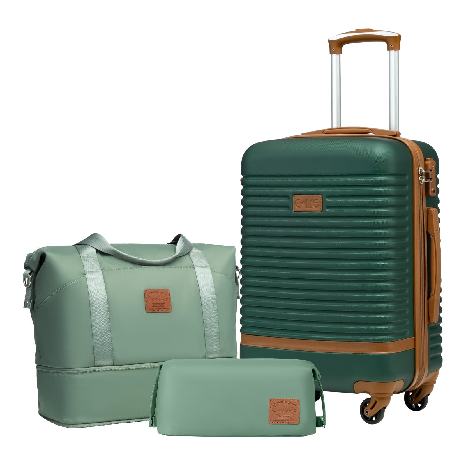 COOLIFESuitcase Trolley Carry On Hand Cabin Luggage Hard Shell Travel Bag Lightweight,The Suitcase Included 1pcs Travel Bag and 1pcs Toiletry Bag (Dark green/Brown, 20 Inch Luggage Set)