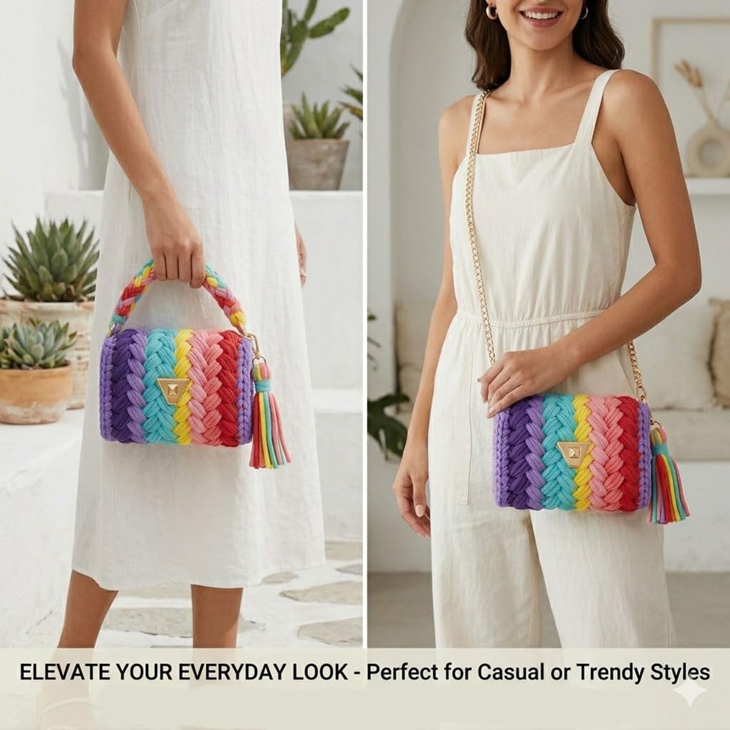 Bolso bandolera de estilo bohemio y clutch de noche – Bolso de mano tejido a mano con hilo grueso para mujer, con cadena desmontable