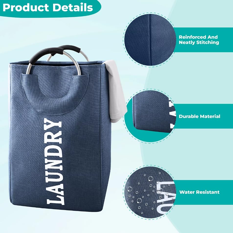 Image of DecorTwist Structured Fabric Laundry Basket with Metal Handles | Large Carry Basket for Clothes Toys & Storage | Foldable & Multipurpose | L40xW26xH38 cm | Blue