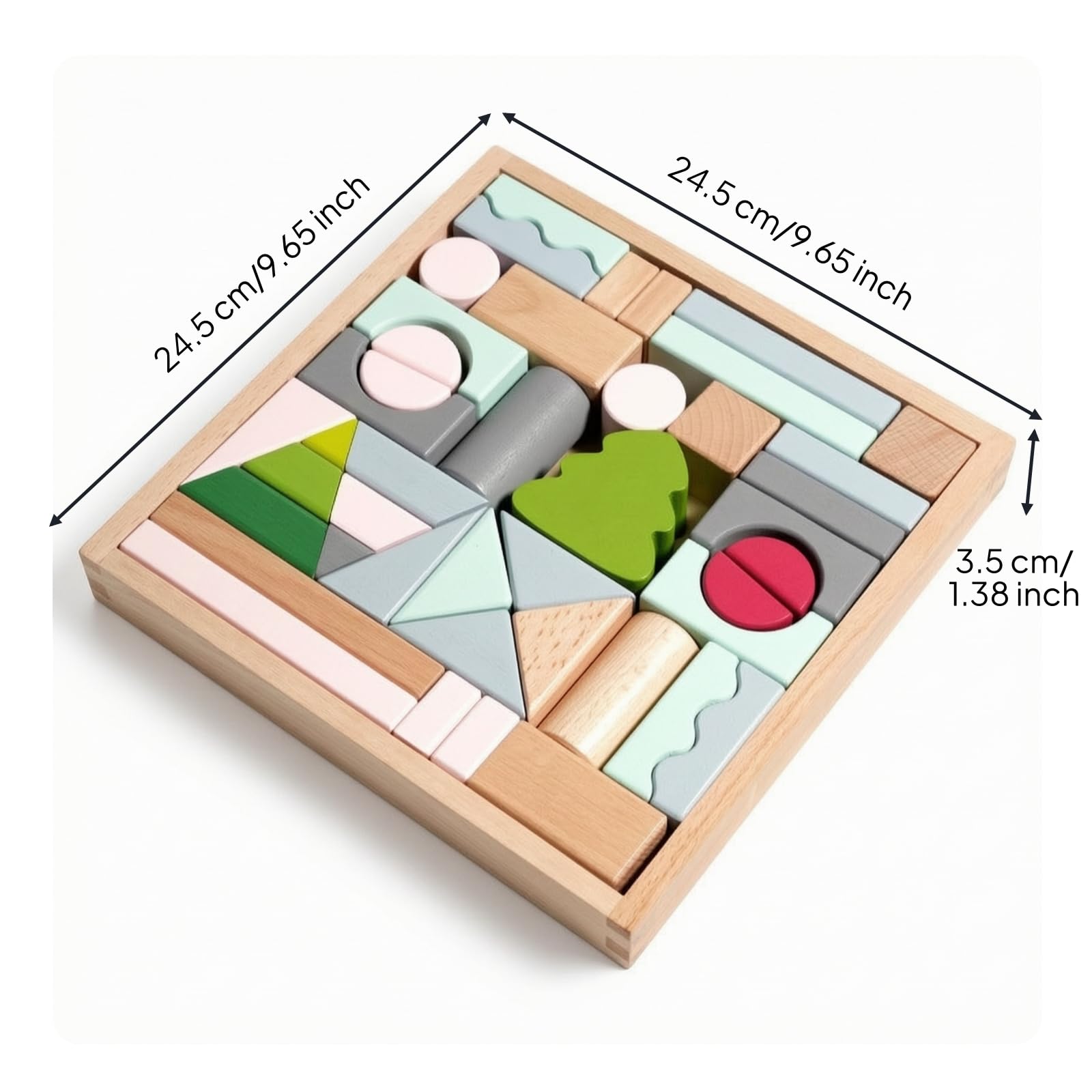 Gralara Blocchi di Legno con Vassoio Colorato Set di Blocchi da Costruzione in Legno Naturale Giocattolo per Spazio Giochi, Asilo Nido, Scuola Dell'infanzia
