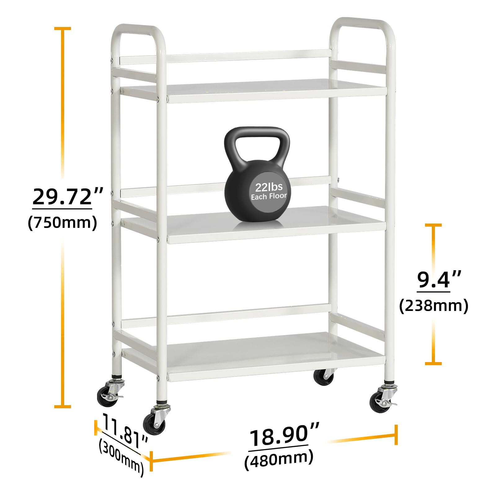 HDANI Carrello su ruote,Carrello Portaoggetti Metallico Con 3 Ripiani Carrello Organizer Con Ruote,Per Cucina,Trucco,Bagno,Ufficio,48×30×75cm,Bianco