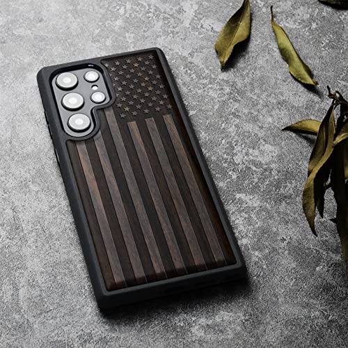 Image of Carveit Wood Case for Galaxy S23 Ultra, (The Classic American Flag-Black) | Samsung Galaxy S23 Ultra Cover, Unique Wooden Design, Engraved Wood with TPU Shockproof Bumper, Wireless Charging Compatible