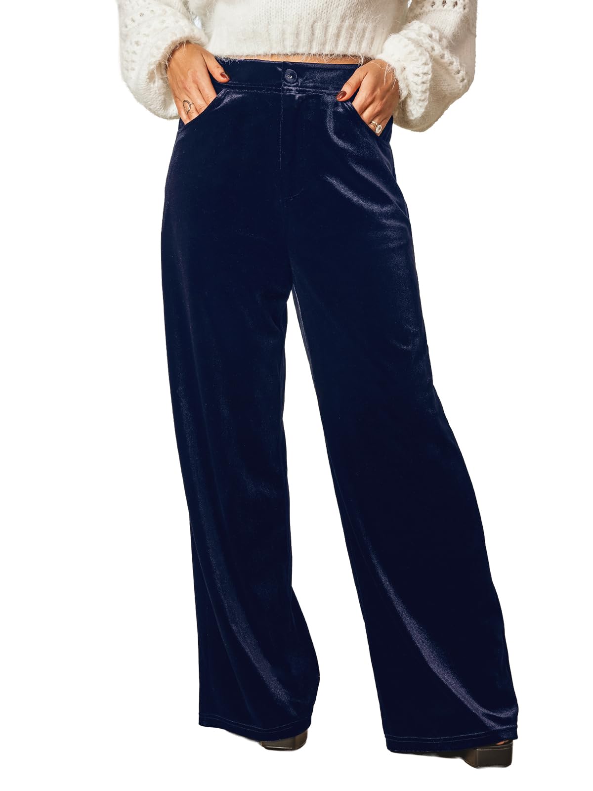 CUPSHE Pantalon Palazzo en velours pour femme - Jambe large - Taille haute - Style décontracté - Avec poches