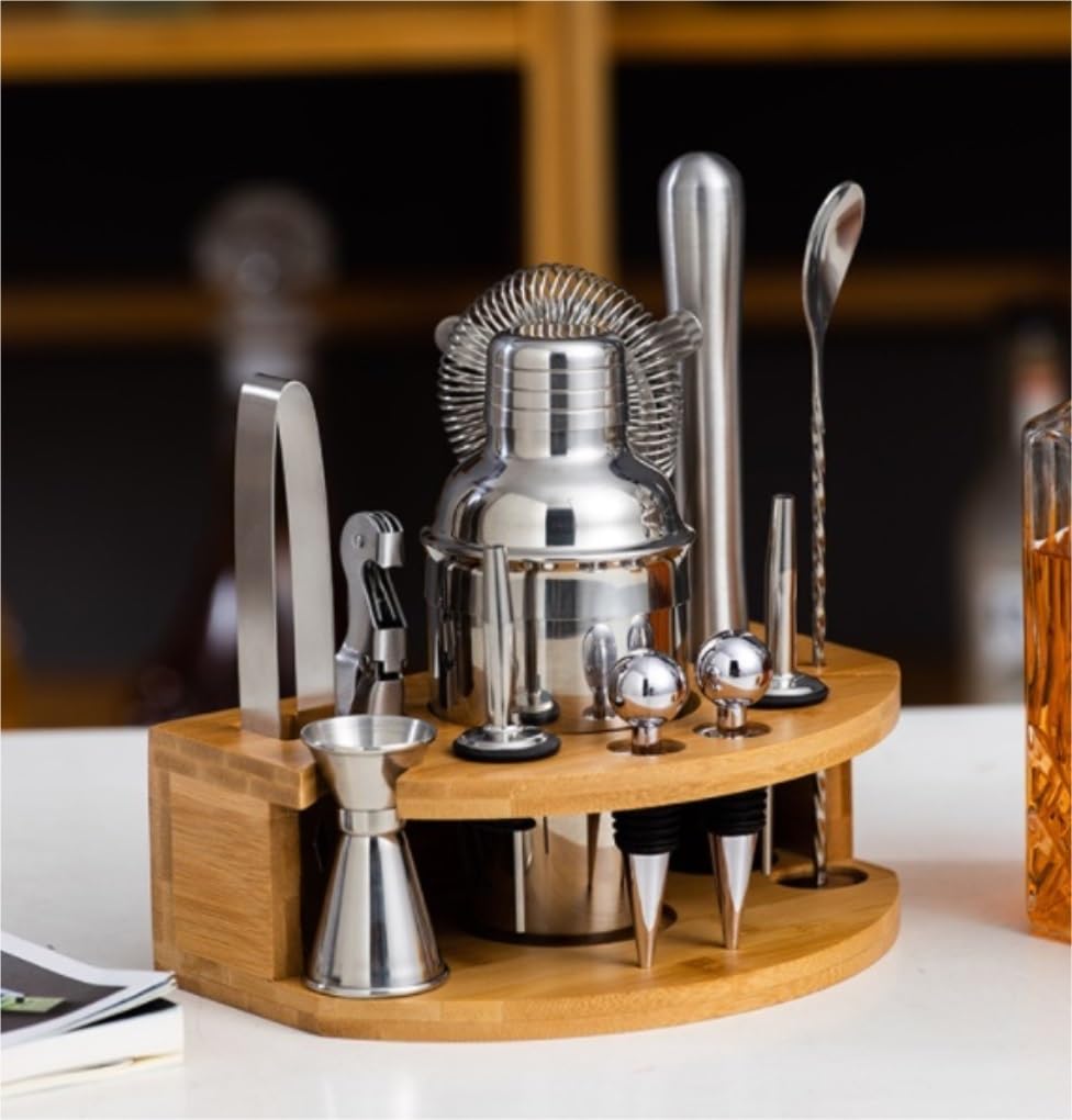 Shaker Cocktail Ensemble D'outils À Cocktail, Shaker, Support Ovale Amovible en Acrylique, 12 Pièces Acier Inoxydable Bar Set(350ml)