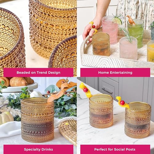 Image of Kate Aspen Beaded Amber Drinking Glasses Set of 6-10 oz Vintage Glassware Set Jupiter Glasses, Cocktail Glass Set, Juice Glass, Water Cups | Hostess Gift, Christmas Present, Gift for Newlyweds