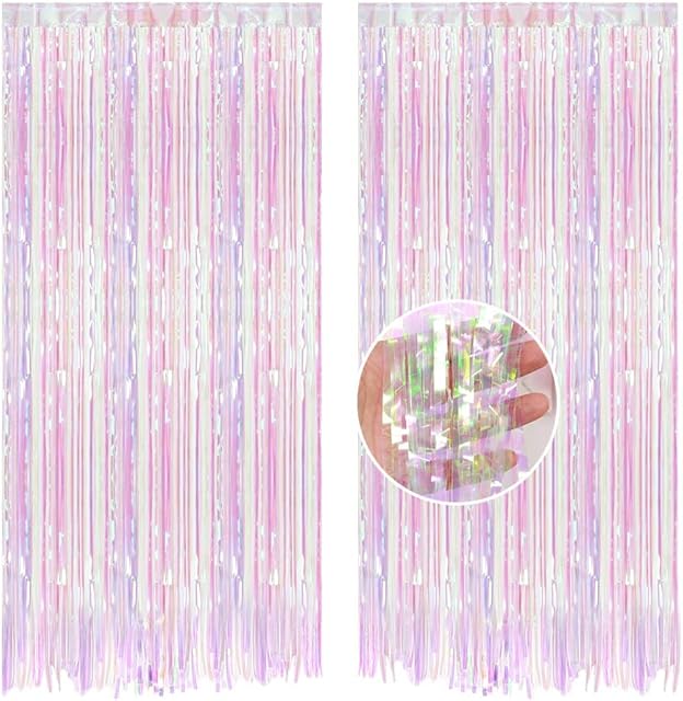 Easy Joy Rainbow Tinsel Foil Fringe Curtains, 2pcs 3ft X 8ft Pink Metallic Tassel Curtain Party Wall Back Drop Decoration for Graduation Wedding Disco Pastel Princess Party Decoration