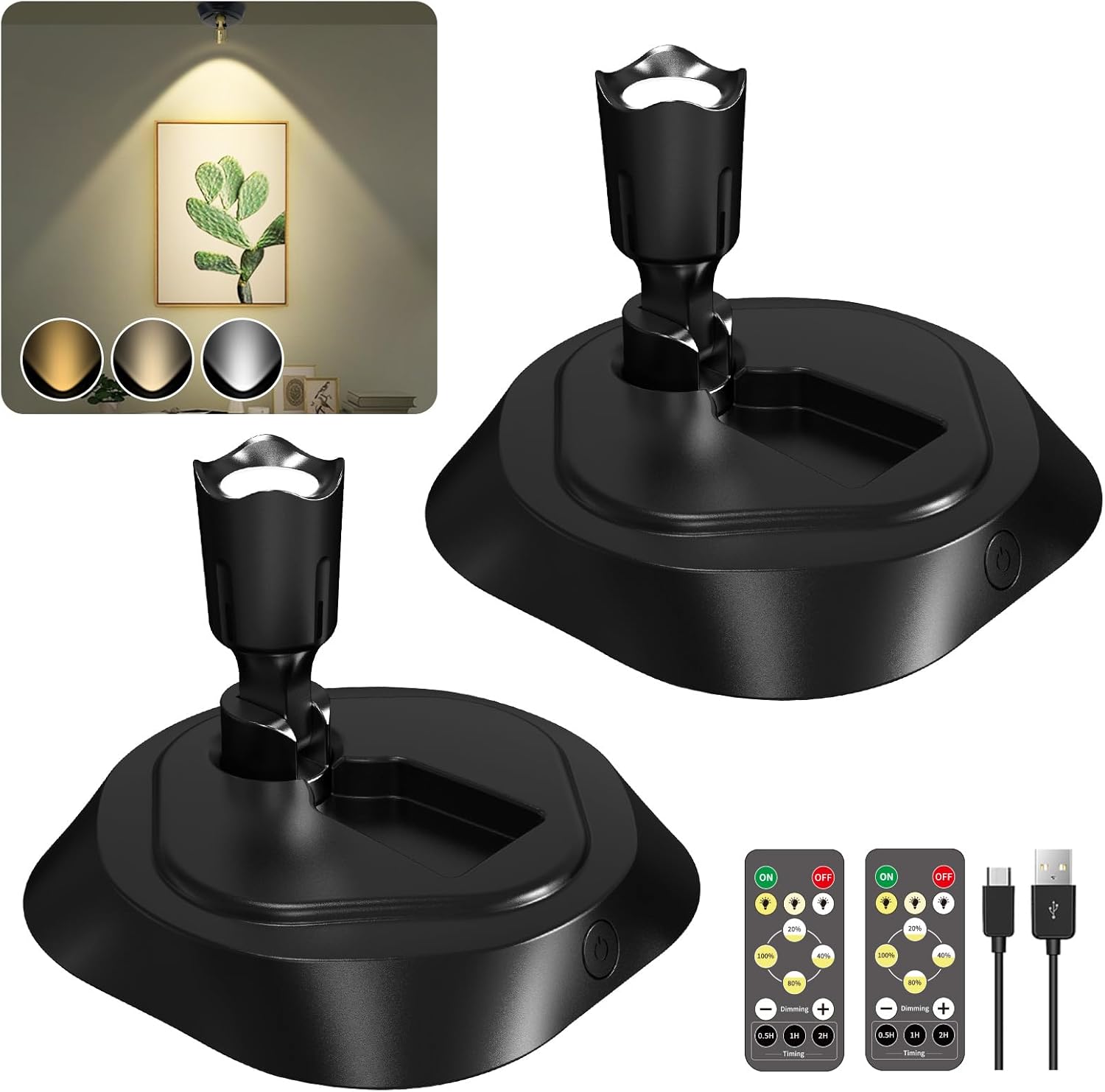 LEASTYLE LED Wireless Spotlights with Remote Rechargeable Up Lights Indoor with 3000K/4000K/6000K Battery Operated Spot Lights with Timer Dimmable Accent Light Uplighting for Plant,Black,2 Pack