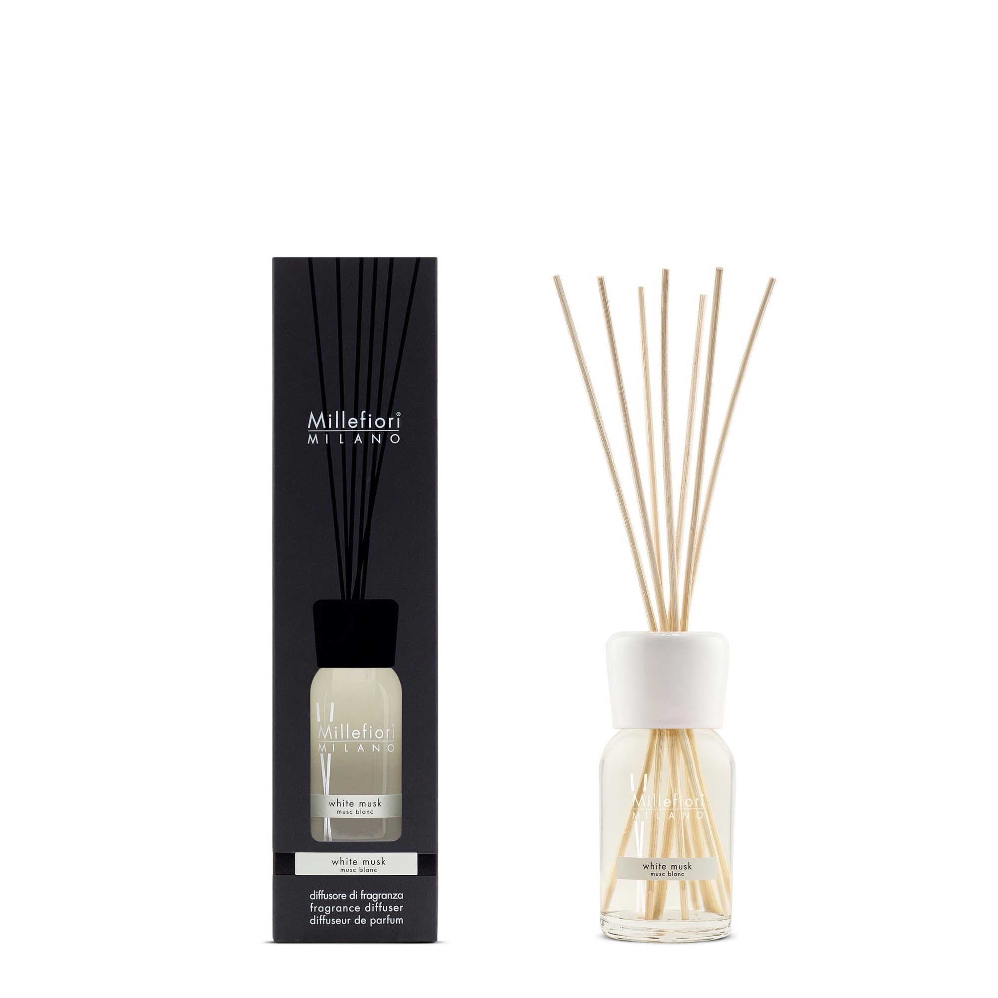 Millefiori Milano Difusor de Varillas en Rattan 100 ml White Musk – Aroma Talcado Floral con Almizcle Blanco, Iris y Vainilla
