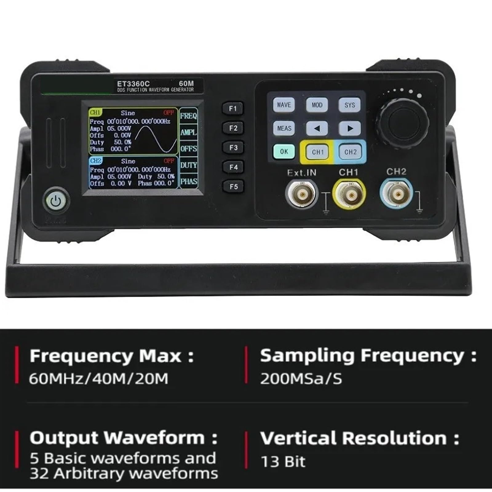 Generatore di segnale funzione DDS a 2 canali da 60 MHz, 40, 20, sorgente impulsi onde arbitrarie, contatore frequenza 100 M, 200 MSa/s fai te Prove industriali(ET3320C-20MHz)
