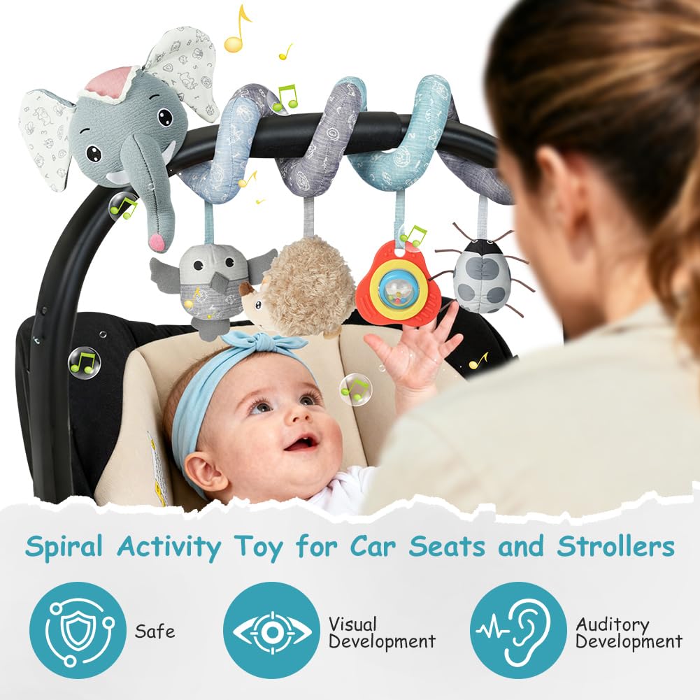 Vicloon Giocattolo a Spirale Passeggino Neonato, Giochi Passeggino Neonati Regalo per 0 3 6 Mesi, Passeggino Educativo Spirale di Peluche Neonato, Elefante Grigio