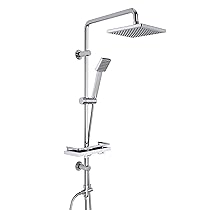 Görbach Colonna Doccia Acciaio Inox con Mensola Senza Miscelatore idromassaggio Asta Doccia Set Doccia a Pioggia con Soffione e Doccetta in ABS 20 * 20cm