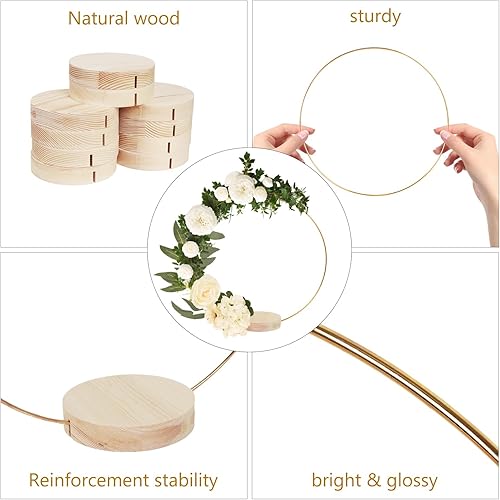 Miniatura 6 de GUDELAK 12 piezas de centro de mesa de aro floral de metal de 12 pulgadas con soporte para mesa, anillo de corona de oro de macramé de metal con 12