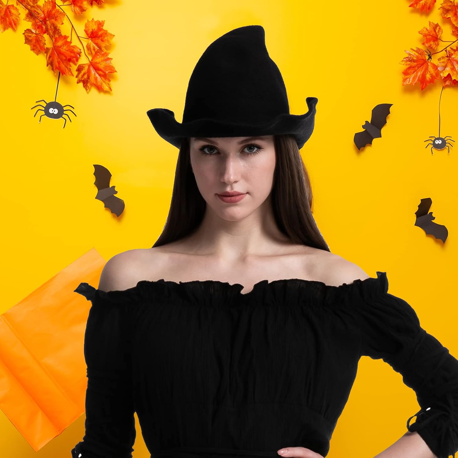 Spooktacular Creations Halloween Witch Hat Knitted Wool Witch Hat Cap Women Black Witch Hat for Party Cosplay, Halloween Witch Costume Accessory and Daily