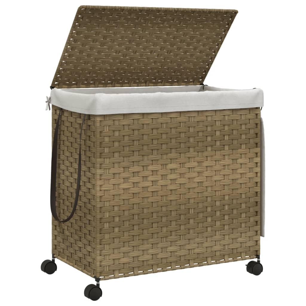 Kosz na pranie na kółkach 60 x 35 x 60,5 cm, rattanowy kosz na pranie z 3 przegródkami, do sortowania, do łazienki, mieszkania, ze składanym wzorem i 4 rolkami