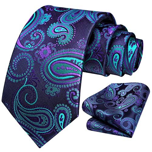 Image of HISDERN Extra Long Ties for Men Classic Floral Tie and Pocket Square Elegant Silk Necktie Handkerchief Set Wedding Party