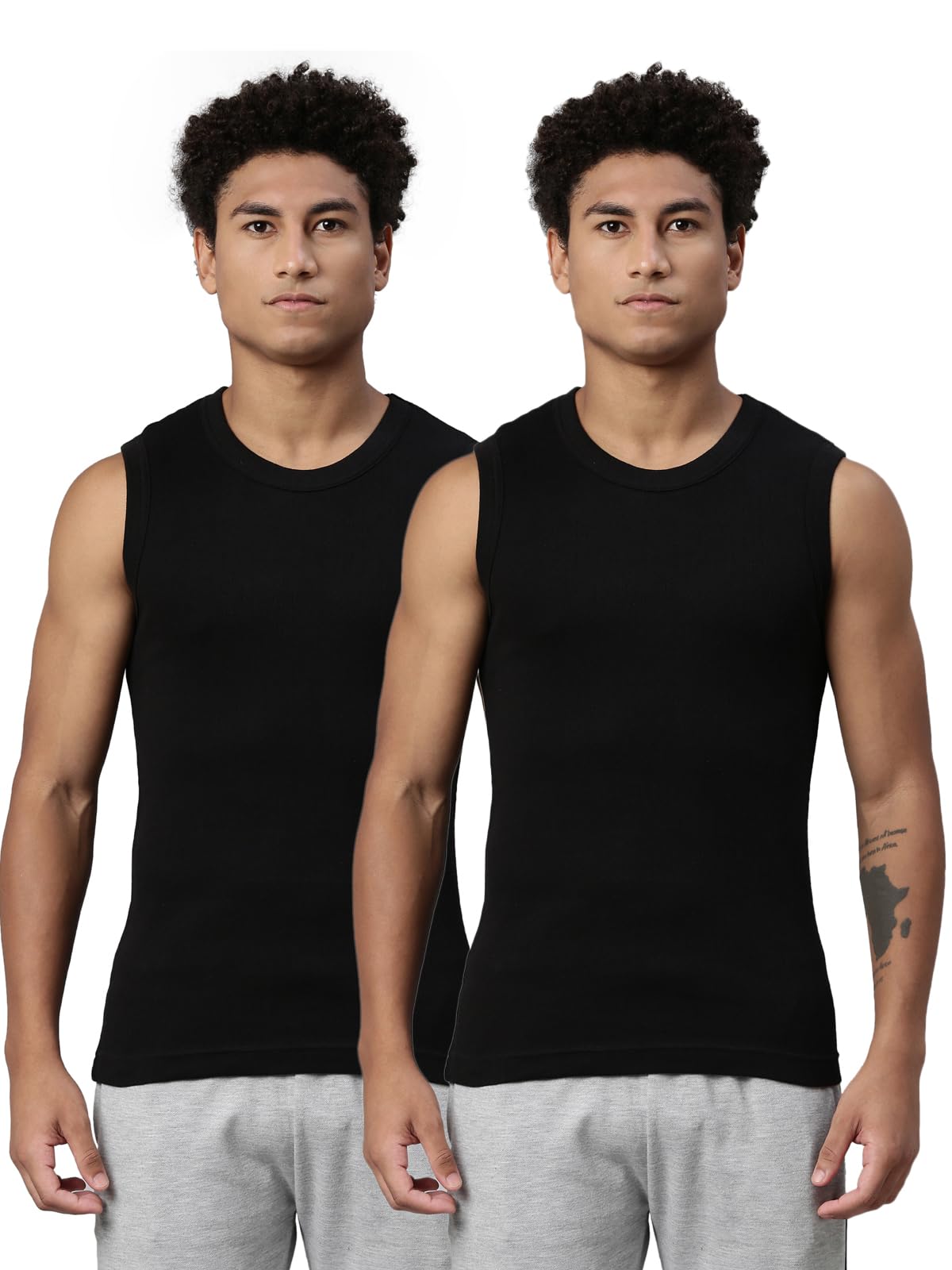 014 Men's Rib Pure Cotton Solid Gym Vest - Crew-Neck, Sleeveless Side Branding, Snug fit with Easy Tucked (Pack of 2)