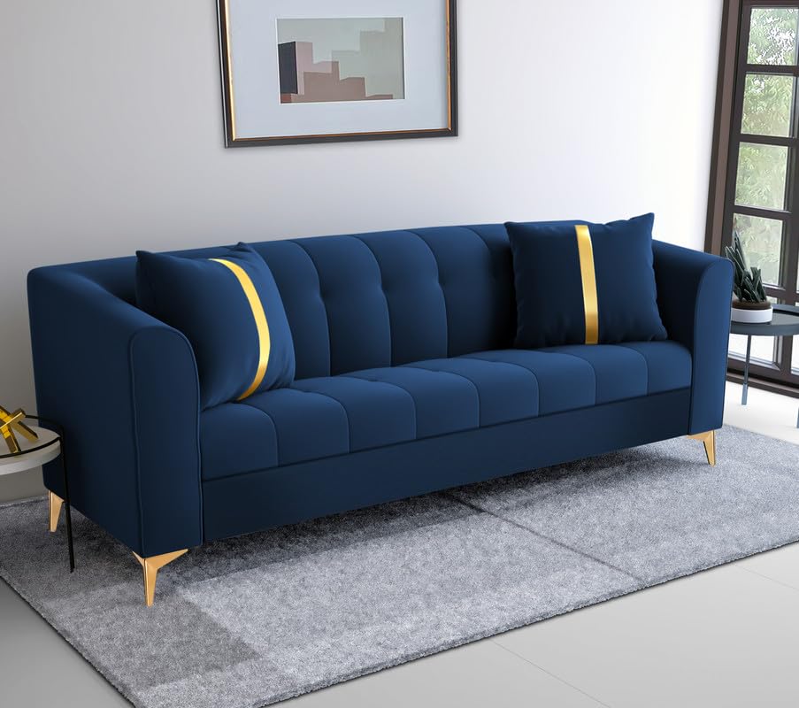 Image of Adorn India Premium Mystic - 3 Years Warranty - 3 Seater Sofa Velvet Suede Fabric - Blue