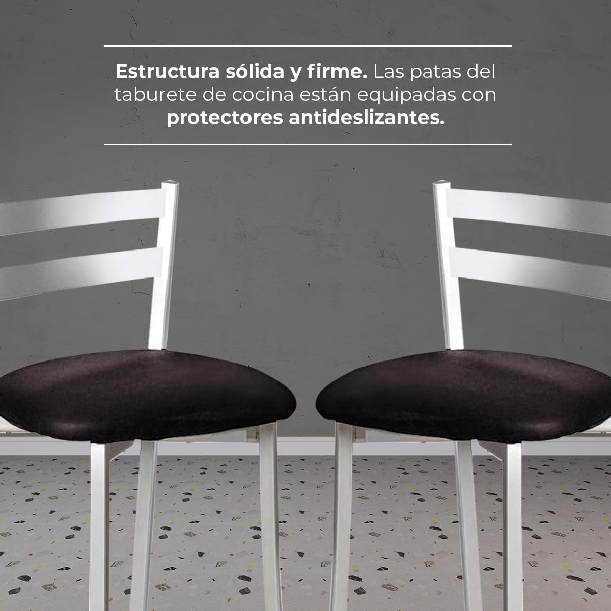 ASTIMESA Dos Taburetes de Cocina con Respaldo Franjas Metal Polipiel Negro, Altura de Asiento: 45 cm