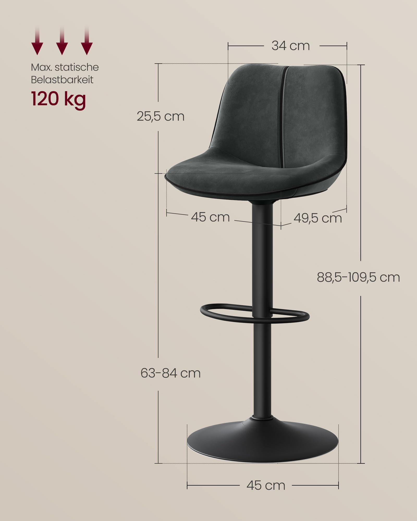 VASAGLE Barhocker 2er Set, Barstühle höhenverstellbar, drehbare Küchenhocker, mit ergonomischer Rückenlehne, Samt, für Kücheninsel, Hausbar, modern, anthrazitgrau LJB188G01