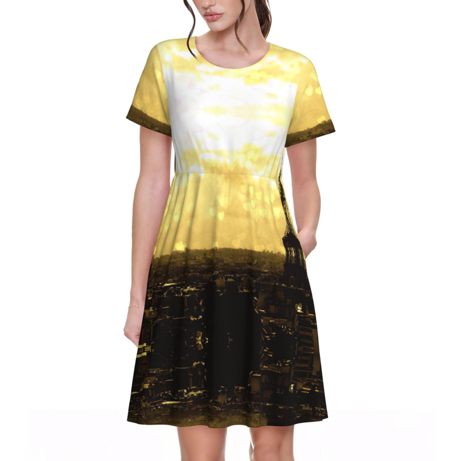 Robe à manches courtes d'été fluide style Tour Eiffel pour femme avec poches intégrées - 8