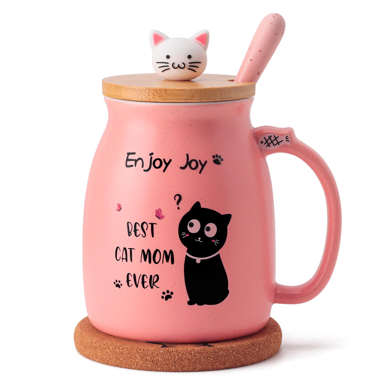 Feify Cute Cat Cup Ceramic Coffee Mug with Kawaii Cat Wooden Lid, Best Cat Mom Ever Coffee Mug Women Mom Mothers Day Gifts Birthday Novelty Gift for Mom from Daughter Son, Cute Thing Japanese Mug Pink