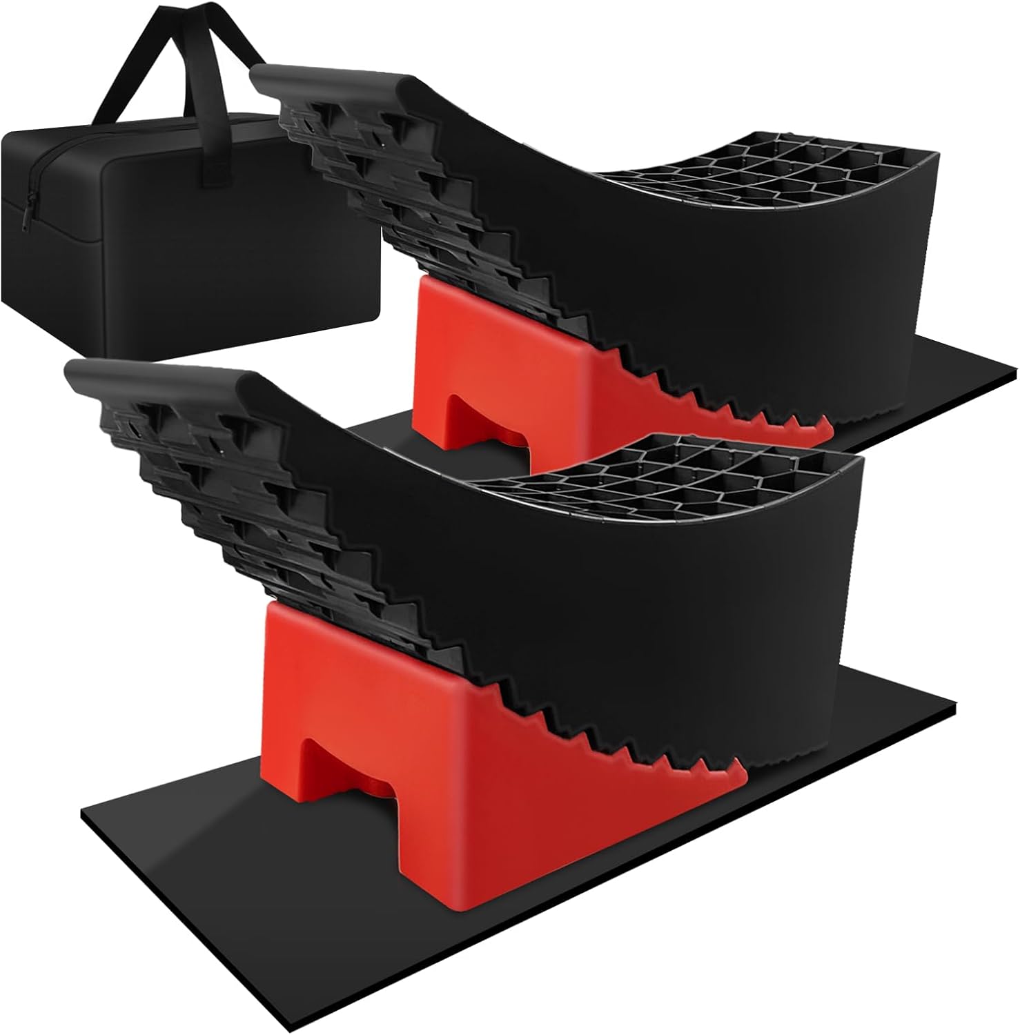 Leveling Blocks for RV, 2 Packs Camper Leveling Blocks System with Anti-Slip Mat, Lift Up to 6.3" Car Ramp for Changing Tires with Carry Bag, Fits Heavy Duty Dual Axle Travel Trailer RV Camper