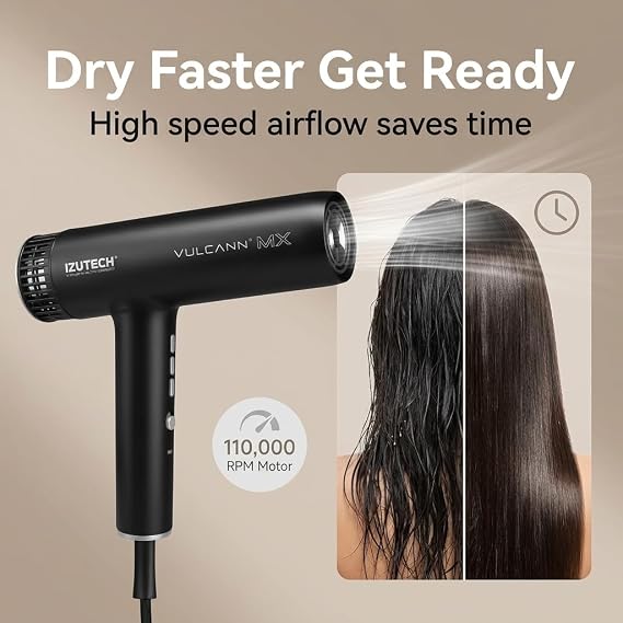 IZUTECH Vulcann MX 2.0 Ionic Hair Dryer with Diffuser, 1875 Watt, Lightweight Blow Dryer with 2 Magnetic Nozzles for Hair Styling, Adjustable High Heat and Cold Air Flow, All Hair Types, Black