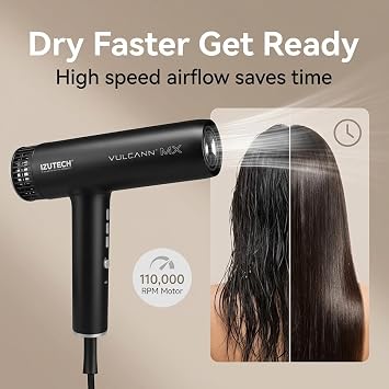 IZUTECH Vulcann MX 2.0 Ionic Hair Dryer with Diffuser, 1875 Watt, Lightweight Blow Dryer with 2 Magnetic Nozzles for Hair Styling, Adjustable High Heat and Cold Air Flow, All Hair Types, Black