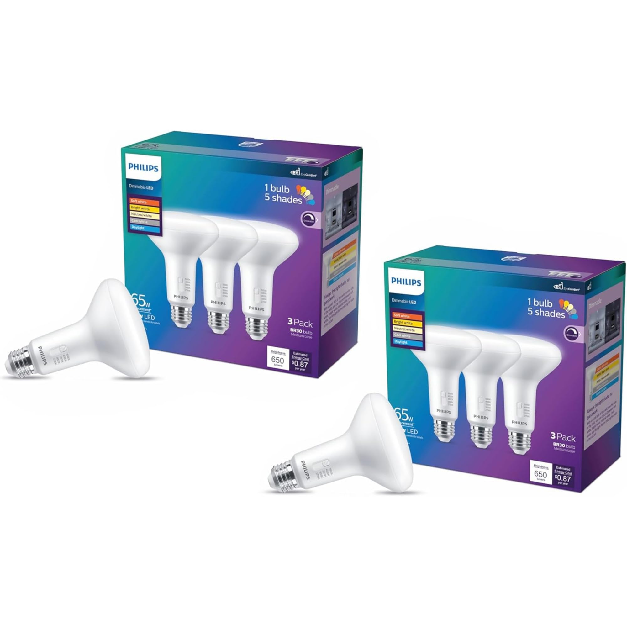LED 65W BR30 6-Pack Selectable White Multi-CCT 650 Lumen (7.2 = 65W) Dimmable Frosted Flicker-Free Light Bulbs