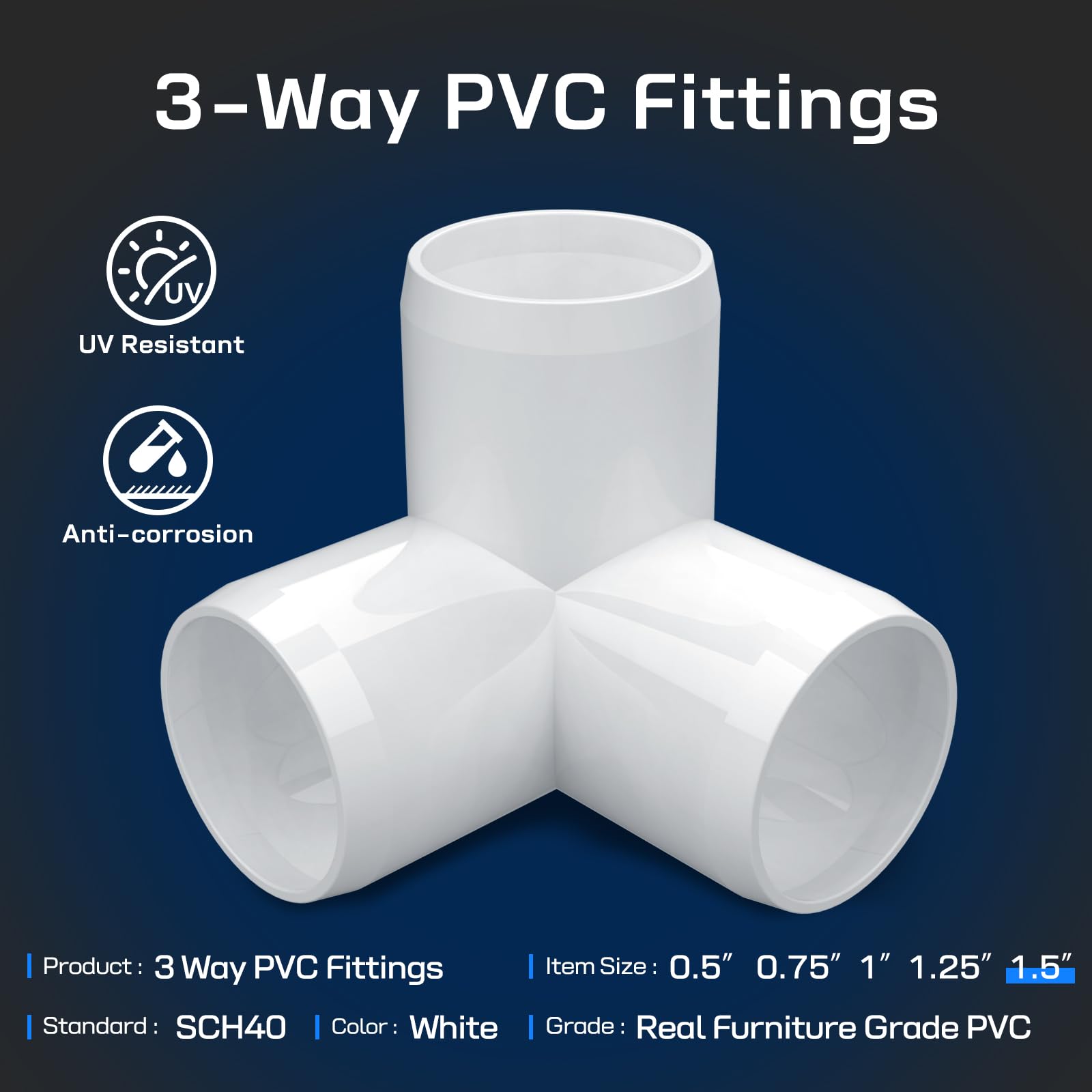 Accesorios de PVC de 1-1/2 pulgadas, 3 vías (paquete de 10) para muebles, conector de codo, resistente para muebles de bricolaje, marcos, resistente a los rayos UV, compatible con tubos de PVC